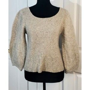 Noble Womens Gray Wool Cashmere Pullover Sweater Balloon 3/4 Sleeve Knit Top S